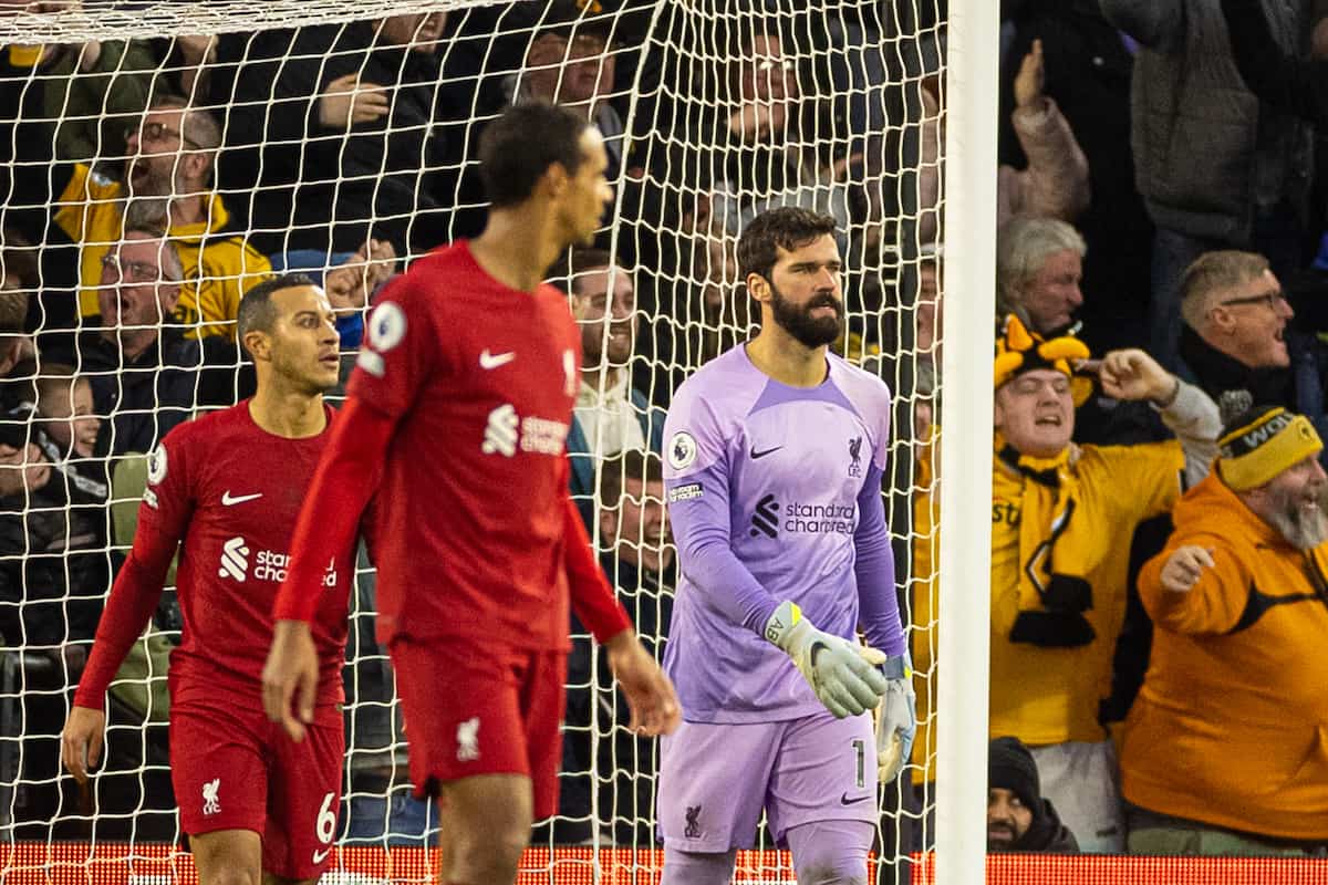 WOLVERHAMPTON, ENGLAND - Saturday, February 4, 2023: Liverpool's goalkeeper Alisson Becker (R) looks dejected as Wolverhampton Wanderers score the third goal during the FA Premier League match between Wolverhampton Wanderers FC and Liverpool FC at Molineux Stadium. (Pic by David Rawcliffe/Propaganda)