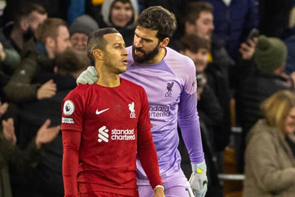 WOLVERHAMPTON, ENGLAND - Saturday, February 4, 2023: Liverpool's goalkeeper Alisson Becker (R) and Thiago Alcântara look dejected as Wolverhampton Wanderers score the third goal during the FA Premier League match between Wolverhampton Wanderers FC and Liverpool FC at Molineux Stadium. (Pic by David Rawcliffe/Propaganda)