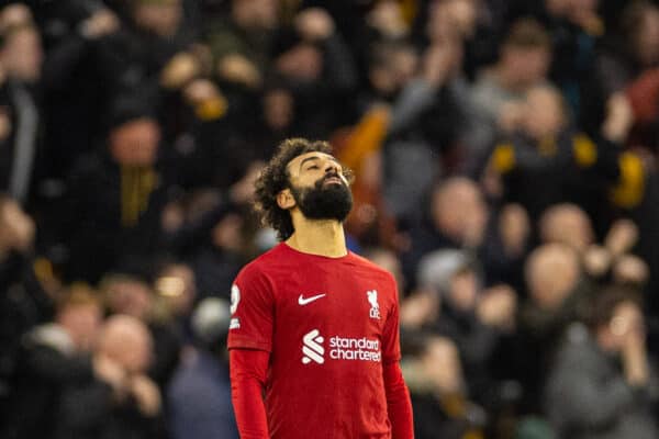 WOLVERHAMPTON, ENGLAND - Saturday, February 4, 2023: Liverpool's Mohamed Salah looks dejected as Wolverhampton Wanderers score the third goal during the FA Premier League match between Wolverhampton Wanderers FC and Liverpool FC at Molineux Stadium. (Pic by David Rawcliffe/Propaganda)