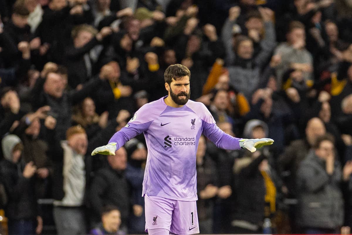 WOLVERHAMPTON, ENGLAND - Saturday, February 4, 2023: Liverpool's goalkeeper Alisson Becker looks dejected as Wolverhampton Wanderers score the third goal during the FA Premier League match between Wolverhampton Wanderers FC and Liverpool FC at Molineux Stadium. (Pic by David Rawcliffe/Propaganda)