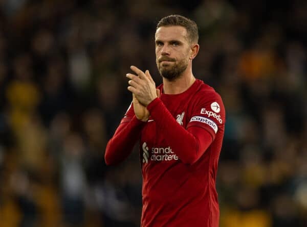 WOLVERHAMPTON, ENGLAND - Saturday, February 4, 2023: Liverpool's captain Jordan Henderson looks dejected after the FA Premier League match between Wolverhampton Wanderers FC and Liverpool FC at Molineux Stadium. Wolves won 3-0. (Pic by David Rawcliffe/Propaganda)