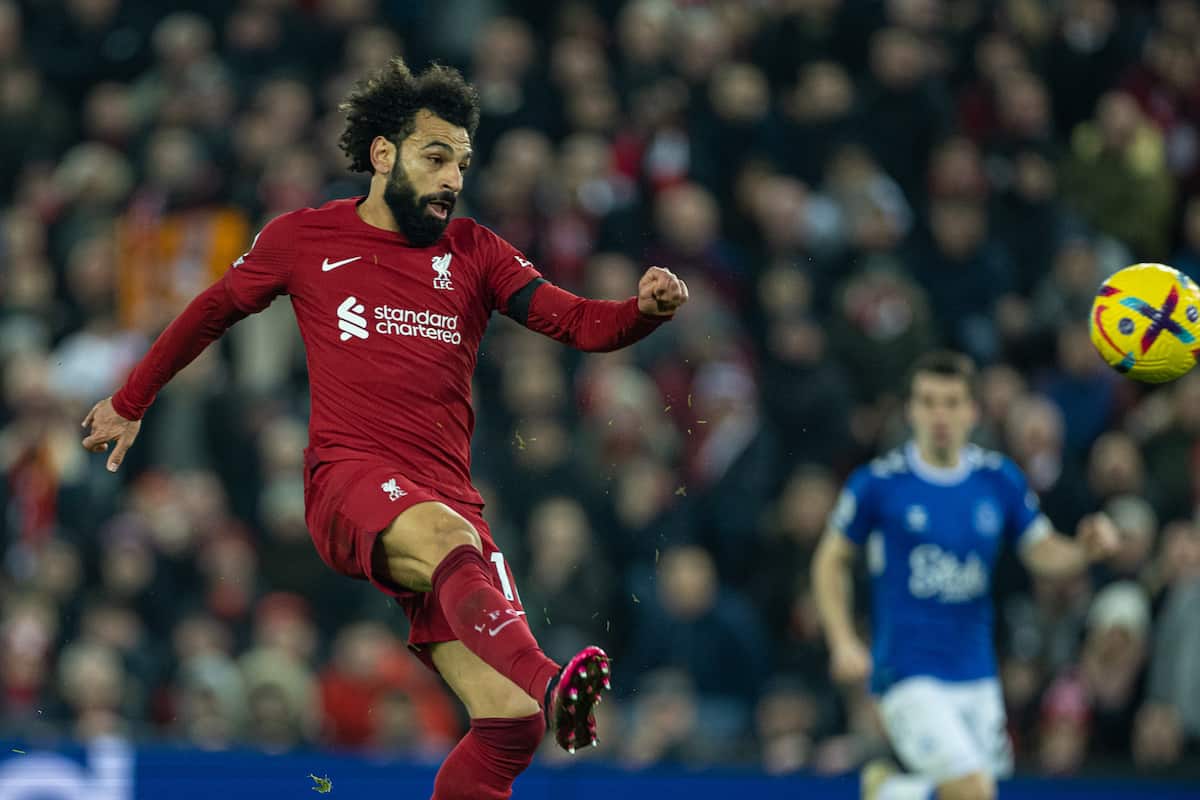 LIVERPOOL, ENGLAND - Monday, February 13, 2023: Liverpool's Mohamed Salah scores the first goal during the FA Premier League match between Liverpool FC and Everton FC, the 242nd Merseyside Derby, at Anfield. (Pic by David Rawcliffe/Propaganda)