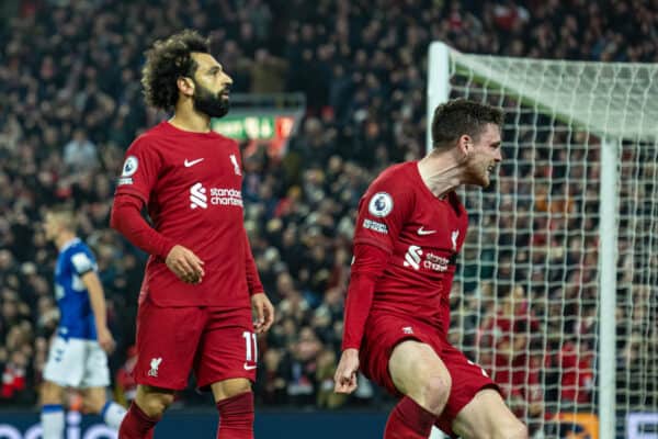 LIVERPOOL, ENGLAND - Monday, February 13, 2023: Liverpool's Mohamed Salah celebrates after scoring the opening goal during the FA Premier League match between Liverpool FC and Everton FC, the 242nd Merseyside Derby, at Anfield. (Pic by David Rawcliffe/Propaganda)