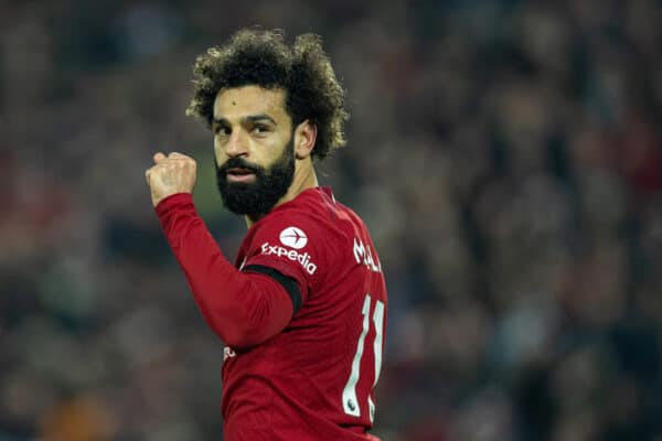 LIVERPOOL, ENGLAND - Monday, February 13, 2023: Liverpool's Mohamed Salah celebrates after scoring the opening goal during the FA Premier League match between Liverpool FC and Everton FC, the 242nd Merseyside Derby, at Anfield. (Pic by David Rawcliffe/Propaganda)