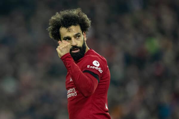 LIVERPOOL, ENGLAND - Monday, February 13, 2023: Liverpool's Mohamed Salah celebrates after scoring the opening goal during the FA Premier League match between Liverpool FC and Everton FC, the 242nd Merseyside Derby, at Anfield. (Pic by David Rawcliffe/Propaganda)