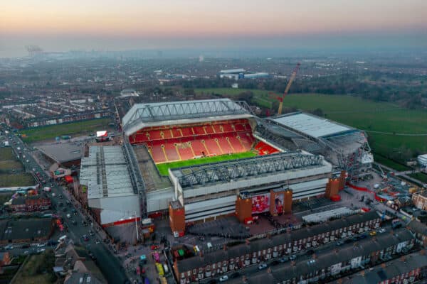 LIVERPOOL, ENGLAND - Monday, February 13, 2023: A general view of Liverpool's Anfield Stadium with Everton's Goodison Park Stadium seen in the distance ahead of the FA Premier League match between Liverpool FC and Everton FC, the 242nd Merseyside Derby. (Pic by David Rawcliffe/Propaganda)