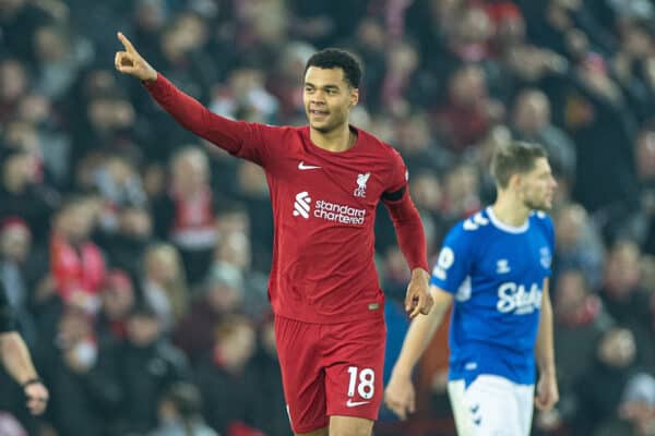 LIVERPOOL, ENGLAND - Monday, February 13, 2023: Liverpool's Cody Gakpo celebrates after scoring the second goal during the FA Premier League match between Liverpool FC and Everton FC, the 242nd Merseyside Derby, at Anfield. (Pic by David Rawcliffe/Propaganda)