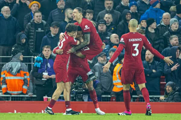 LIVERPOOL, ENGLAND - Monday, February 13, 2023: Liverpool's Cody Gakpo celebrates after scoring the second goal during the FA Premier League match between Liverpool FC and Everton FC, the 242nd Merseyside Derby, at Anfield. (Pic by David Rawcliffe/Propaganda)