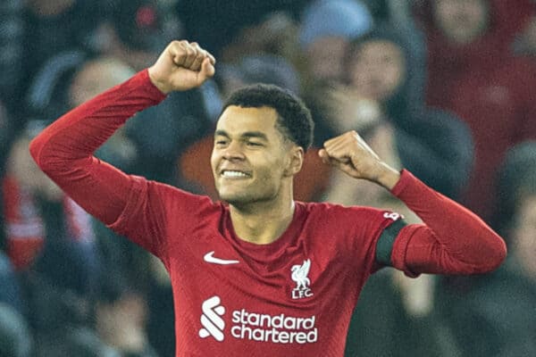 LIVERPOOL, ENGLAND - Monday, February 13, 2023: Liverpool's Cody Gakpo celebrates after scoring the second goal during the FA Premier League match between Liverpool FC and Everton FC, the 242nd Merseyside Derby, at Anfield. (Pic by David Rawcliffe/Propaganda)