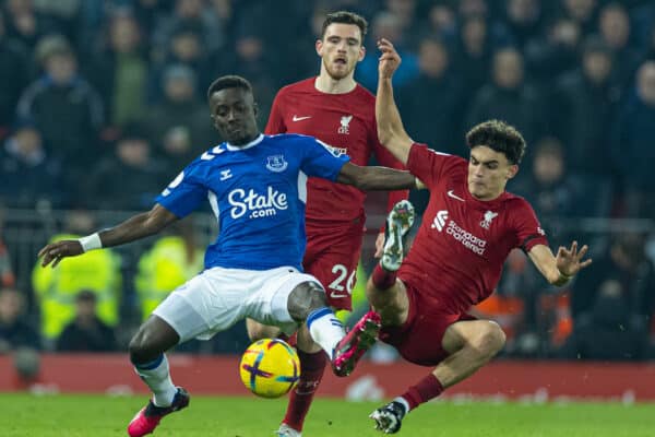 LIVERPOOL, ENGLAND - Monday, February 13, 2023: Liverpool's Stefan Bajcetic (R) challenges Everton's Idrissa Gueye during the FA Premier League match between Liverpool FC and Everton FC, the 242nd Merseyside Derby, at Anfield. (Pic by David Rawcliffe/Propaganda)