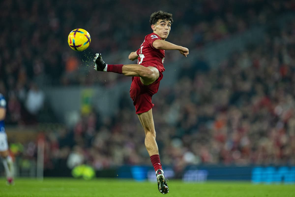 LIVERPOOL, ENGLAND - Monday, February 13, 2023: Liverpool's Stefan Bajcetic during the FA Premier League match between Liverpool FC and Everton FC, the 242nd Merseyside Derby, at Anfield. (Pic by David Rawcliffe/Propaganda)