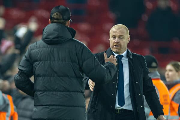 LIVERPOOL, ENGLAND - Monday, February 13, 2023: Everton's manager Sean Dyche (R) shakes hands with Liverpool's manager Jürgen Klopp during the FA Premier League match between Liverpool FC and Everton FC, the 242nd Merseyside Derby, at Anfield. (Pic by David Rawcliffe/Propaganda)