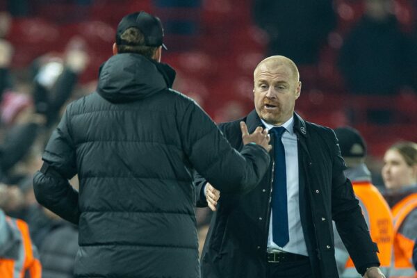 LIVERPOOL, ENGLAND - Monday, February 13, 2023: Everton's manager Sean Dyche (R) shakes hands with Liverpool's manager Jürgen Klopp during the FA Premier League match between Liverpool FC and Everton FC, the 242nd Merseyside Derby, at Anfield. (Pic by David Rawcliffe/Propaganda)