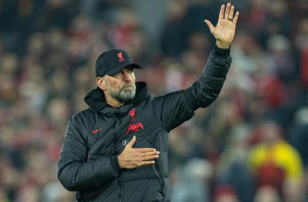 LIVERPOOL, ENGLAND - Monday, February 13, 2023: Liverpool's manager Jürgen Klopp celebrates after the FA Premier League match between Liverpool FC and Everton FC, the 242nd Merseyside Derby, at Anfield. Liverpool won 2-0. (Pic by David Rawcliffe/Propaganda)