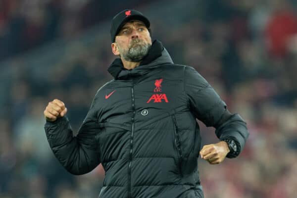 LIVERPOOL, ENGLAND - Monday, February 13, 2023: Liverpool's manager Jürgen Klopp celebrates after the FA Premier League match between Liverpool FC and Everton FC, the 242nd Merseyside Derby, at Anfield. Liverpool won 2-0. (Pic by David Rawcliffe/Propaganda)