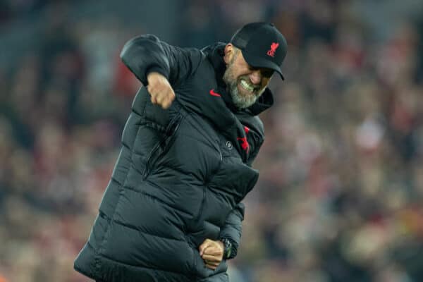 LIVERPOOL, ENGLAND - Monday, February 13, 2023: Liverpool's manager Jürgen Klopp celebrates after the FA Premier League match between Liverpool FC and Everton FC, the 242nd Merseyside Derby, at Anfield. Liverpool won 2-0. (Pic by David Rawcliffe/Propaganda)