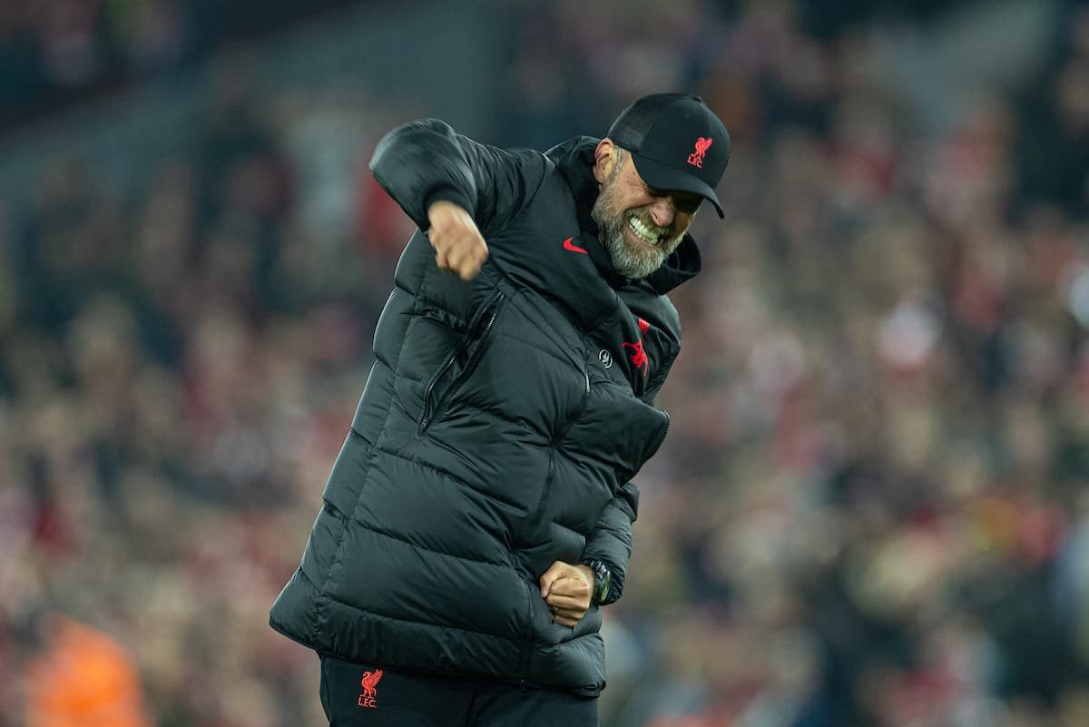 LIVERPOOL, ENGLAND - Monday, February 13, 2023: Liverpool's manager Jürgen Klopp celebrates after the FA Premier League match between Liverpool FC and Everton FC, the 242nd Merseyside Derby, at Anfield. Liverpool won 2-0. (Pic by David Rawcliffe/Propaganda)