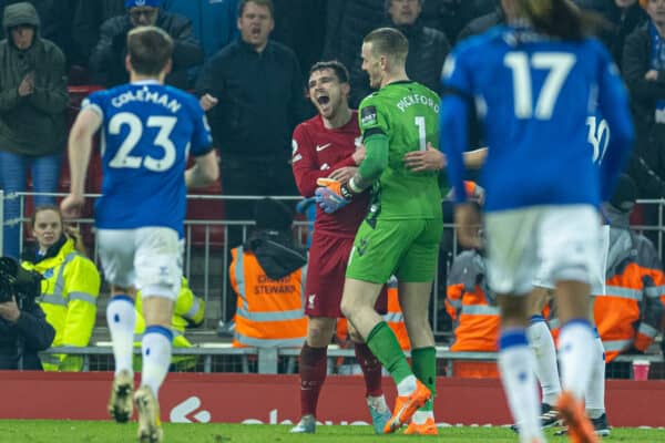 LIVERPOOL, ENGLAND - Monday, February 13, 2023: Everton's goalkeeper Jordan Pickford (R) clashes with Liverpool's Andy Robertson during the FA Premier League match between Liverpool FC and Everton FC, the 242nd Merseyside Derby, at Anfield. (Pic by David Rawcliffe/Propaganda)