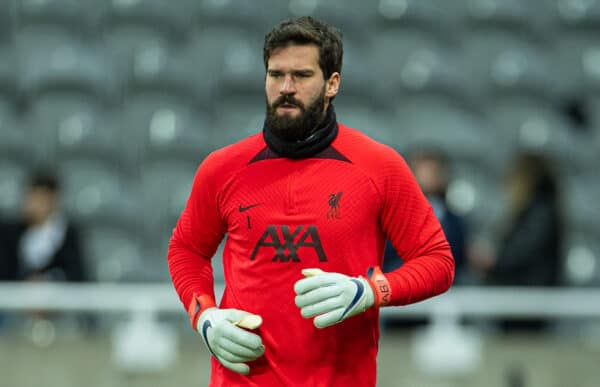 NEWCASTLE-UPON-TYNE, ENGLAND - Saturday, February 18, 2023: Liverpool's goalkeeper Alisson Becker during the pre-match warm-up before the FA Premier League match between Newcastle United FC and Liverpool FC at St. James' Park. (Pic by David Rawcliffe/Propaganda)