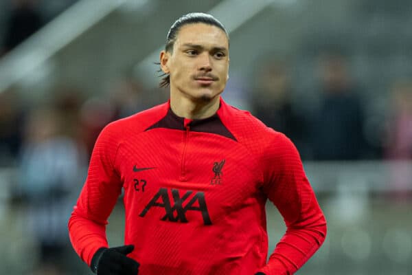 NEWCASTLE-UPON-TYNE, ENGLAND - Saturday, February 18, 2023: Liverpool's Darwin Núñez during the pre-match warm-up before the FA Premier League match between Newcastle United FC and Liverpool FC at St. James' Park. (Pic by David Rawcliffe/Propaganda)