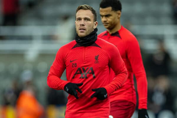 NEWCASTLE-UPON-TYNE, ENGLAND - Saturday, February 18, 2023: Liverpool's Arthur Melo during the pre-match warm-up before the FA Premier League match between Newcastle United FC and Liverpool FC at St. James' Park. (Pic by David Rawcliffe/Propaganda)