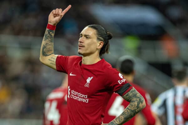 NEWCASTLE-UPON-TYNE, ENGLAND - Saturday, February 18, 2023: Liverpool's Darwin Núñez celebrates after scoring the opening goal during the FA Premier League match between Newcastle United FC and Liverpool FC at St. James' Park. (Pic by David Rawcliffe/Propaganda)