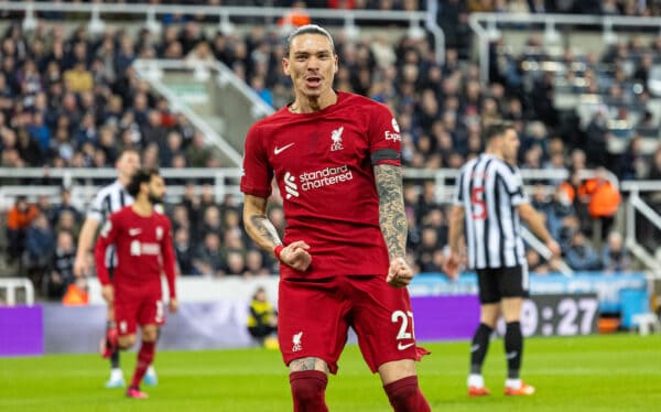 NEWCASTLE-UPON-TYNE, ENGLAND - Saturday, February 18, 2023: Liverpool's Darwin Núñez celebrates after scoring opening goal during the FA Premier League match between Newcastle United FC and Liverpool FC at St. James' Park. (Pic by David Rawcliffe/Propaganda)