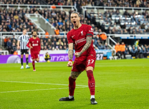 NEWCASTLE-UPON-TYNE, ENGLAND - Saturday, February 18, 2023: Liverpool's Darwin Núñez celebrates after scoring opening goal during the FA Premier League match between Newcastle United FC and Liverpool FC at St. James' Park. (Pic by David Rawcliffe/Propaganda)