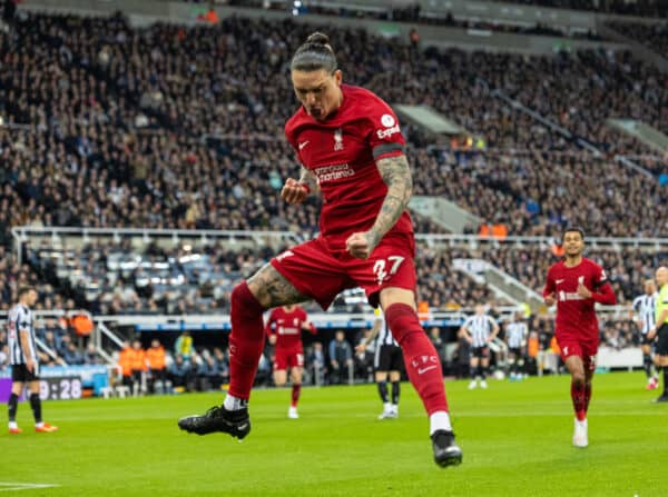 NEWCASTLE-UPON-TYNE, ENGLAND - Saturday, February 18, 2023: Liverpool's Darwin Núñez celebrates after scoring opening goal during the FA Premier League match between Newcastle United FC and Liverpool FC at St. James' Park. (Pic by David Rawcliffe/Propaganda)