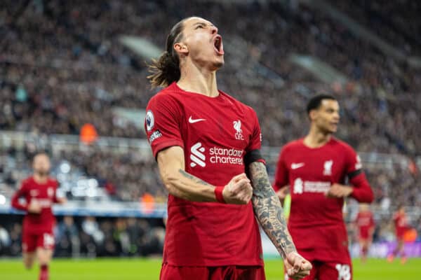 NEWCASTLE-UPON-TYNE, ENGLAND - Saturday, February 18, 2023: Liverpool's Darwin Núñez celebrates after scoring opening goal during the FA Premier League match between Newcastle United FC and Liverpool FC at St. James' Park. (Pic by David Rawcliffe/Propaganda)