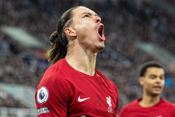 NEWCASTLE-UPON-TYNE, ENGLAND - Saturday, February 18, 2023: Liverpool's Darwin Núñez celebrates after scoring opening goal during the FA Premier League match between Newcastle United FC and Liverpool FC at St. James' Park. (Pic by David Rawcliffe/Propaganda)