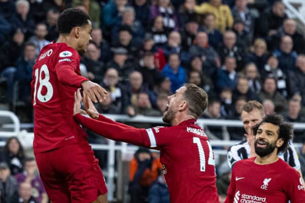 NEWCASTLE-UPON-TYNE, ENGLAND - Saturday, February 18, 2023: Liverpool's Cody Gakpo (L) celebrates after scoring the second goal during the FA Premier League match between Newcastle United FC and Liverpool FC at St. James' Park. (Pic by David Rawcliffe/Propaganda)