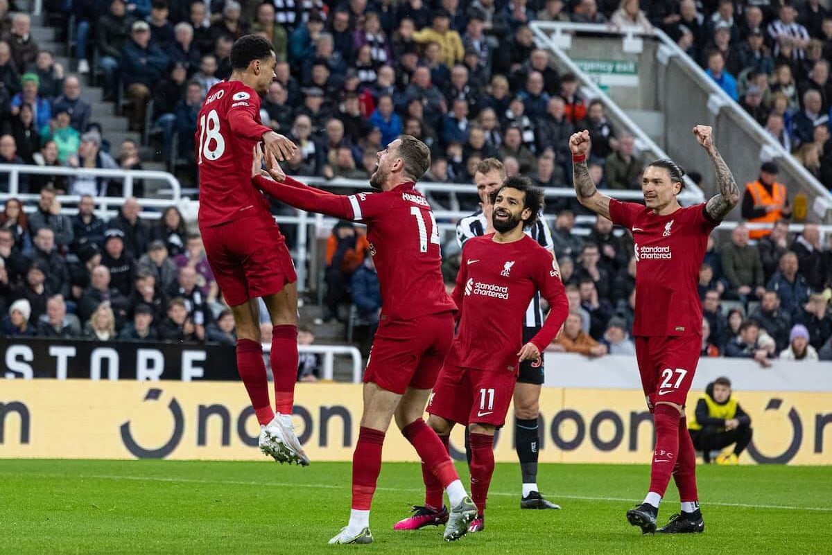 NEWCASTLE-UPON-TYNE, ENGLAND - Saturday, February 18, 2023: Liverpool's Cody Gakpo (L) celebrates after scoring the second goal during the FA Premier League match between Newcastle United FC and Liverpool FC at St. James' Park. (Pic by David Rawcliffe/Propaganda)