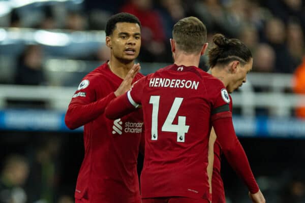 NEWCASTLE-UPON-TYNE, ENGLAND - Saturday, February 18, 2023: Liverpool's Cody Gakpo (L) celebrates with team-mate captain Jordan Henderson after scoring the second goal during the FA Premier League match between Newcastle United FC and Liverpool FC at St. James' Park. (Pic by David Rawcliffe/Propaganda)