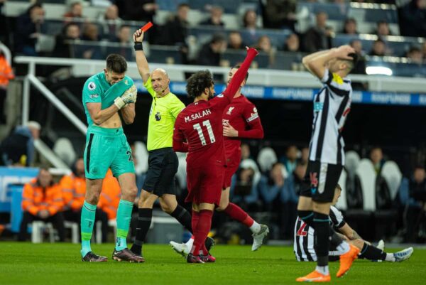 NEWCASTLE-UPON-TYNE, ENGLAND - Saturday, February 18, 2023: Newcastle United's goalkeeper Nick Pope is shown a red card and sent off after handling the ball outside the box during the FA Premier League match between Newcastle United FC and Liverpool FC at St. James' Park. (Pic by David Rawcliffe/Propaganda)