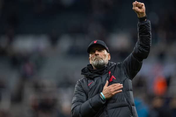 NEWCASTLE-UPON-TYNE, ENGLAND - Saturday, February 18, 2023: Liverpool's manager Jürgen Klopp celebrates after the FA Premier League match between Newcastle United FC and Liverpool FC at St. James' Park. Liverpool won 2-0. (Pic by David Rawcliffe/Propaganda)