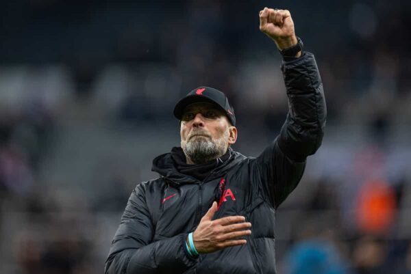 NEWCASTLE-UPON-TYNE, ENGLAND - Saturday, February 18, 2023: Liverpool's manager Jürgen Klopp celebrates after the FA Premier League match between Newcastle United FC and Liverpool FC at St. James' Park. Liverpool won 2-0. (Pic by David Rawcliffe/Propaganda)