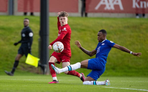 LIVERPOOL, ENGLAND - Sunday, February 19, 2023: Liverpool's Ben Doak during the Premier League 2 Division 1 match between Liverpool FC Under-21's and Chelsea FC Under-21's at the Liverpool Academy. (Pic by David Rawcliffe/Propaganda)