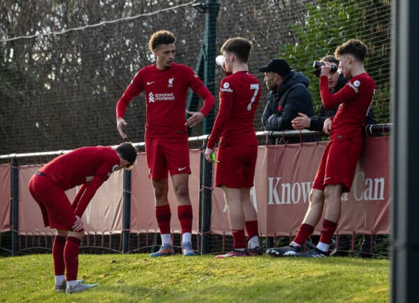 LIVERPOOL, ENGLAND - Sunday, February 19, 2023: Liverpool senior player Alex Oxlaide-Chamberlain chast with Rhys Williams, Ben Doak and Bobby Clark after the Premier League 2 Division 1 match between Liverpool FC Under-21's and Chelsea FC Under-21's at the Liverpool Academy. (Pic by David Rawcliffe/Propaganda)