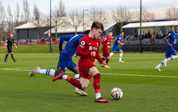 LIVERPOOL, ENGLAND - Sunday, February 19, 2023: Liverpool's Ben Doak during the Premier League 2 Division 1 match between Liverpool FC Under-21's and Chelsea FC Under-21's at the Liverpool Academy. (Pic by David Rawcliffe/Propaganda)