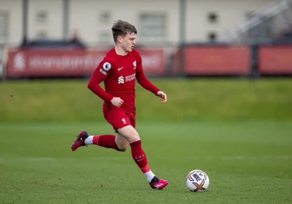 LIVERPOOL, ENGLAND - Sunday, February 19, 2023: Liverpool's Ben Doak during the Premier League 2 Division 1 match between Liverpool FC Under-21's and Chelsea FC Under-21's at the Liverpool Academy. (Pic by David Rawcliffe/Propaganda)