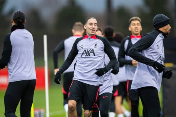 LIVERPOOL, ENGLAND - Monday, February 20, 2023: Liverpool's Kostas Tsimikas during a training session at the AXA Training Centre ahead of the UEFA Champions League Round of 16 1st Leg game between Liverpool FC and Real Madrid CF. (Pic by Jessica Hornby/Propaganda)