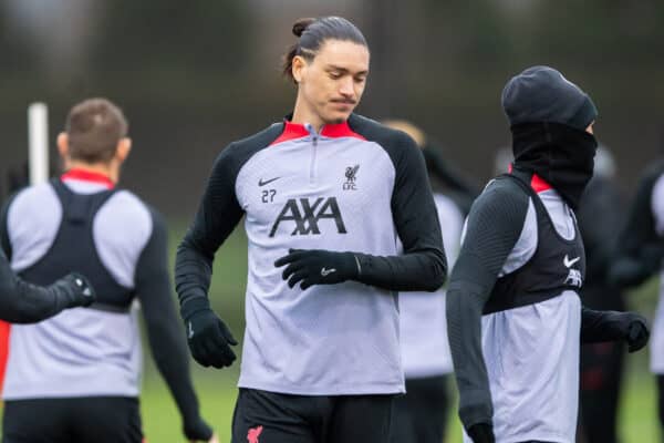 LIVERPOOL, ENGLAND - Monday, February 20, 2023: Liverpool's Darwin Nunez during a training session at the AXA Training Centre ahead of the UEFA Champions League Round of 16 1st Leg game between Liverpool FC and Real Madrid CF. (Pic by Jessica Hornby/Propaganda)