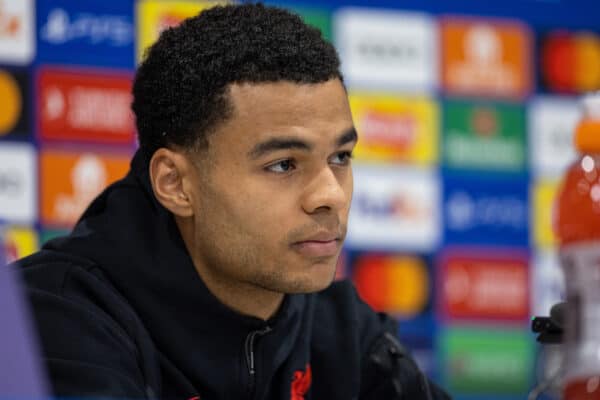 LIVERPOOL, ENGLAND - Monday, February 20, 2023: Liverpool's Cody Gakpo during a press conference at Anfield ahead of the UEFA Champions League Round of 16 1st Leg game between Liverpool FC and Real Madrid CF. (Pic by David Rawcliffe/Propaganda)