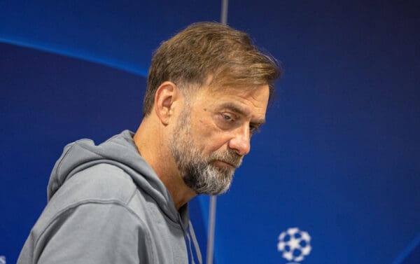 LIVERPOOL, ENGLAND - Monday, February 20, 2023: Liverpool's manager Jürgen Klopp exits after a press conference at Anfield ahead of the UEFA Champions League Round of 16 1st Leg game between Liverpool FC and Real Madrid CF. (Pic by David Rawcliffe/Propaganda)