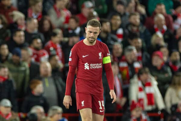 LIVERPOOL, ENGLAND - Tuesday, February 21, 2023: Liverpool's captain Jordan Henderson looks dejected during the UEFA Champions League Round of 16 1st Leg game between Liverpool FC and Real Madrid at Anfield. (Pic by David Rawcliffe/Propaganda)