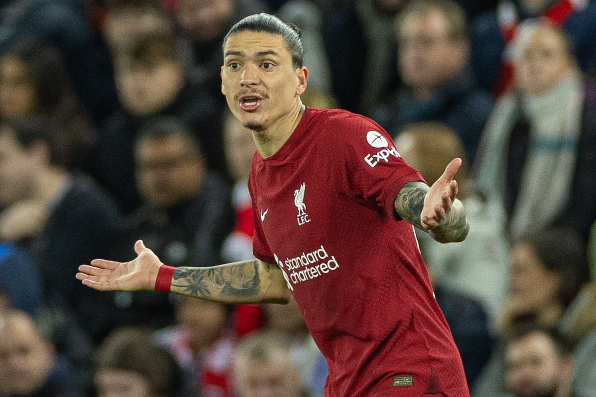 LIVERPOOL, ENGLAND - Tuesday, February 21, 2023: Liverpool's Darwin Núñez during the UEFA Champions League Round of 16 1st Leg game between Liverpool FC and Real Madrid at Anfield. (Pic by David Rawcliffe/Propaganda)