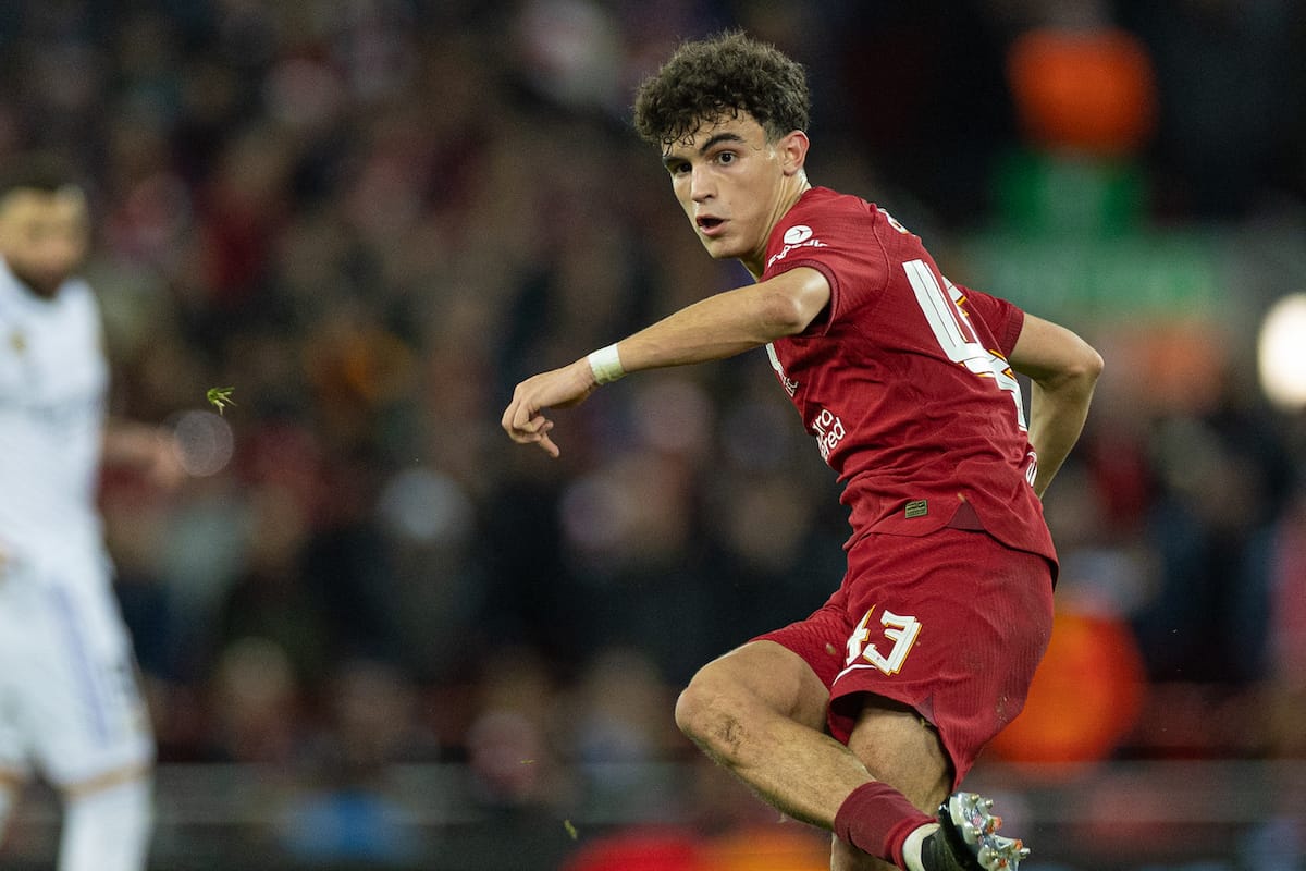 LIVERPOOL, ENGLAND - Tuesday, February 21, 2023: Liverpool's Stefan Bajcetic during the UEFA Champions League Round of 16 1st Leg game between Liverpool FC and Real Madrid at Anfield. (Pic by David Rawcliffe/Propaganda)