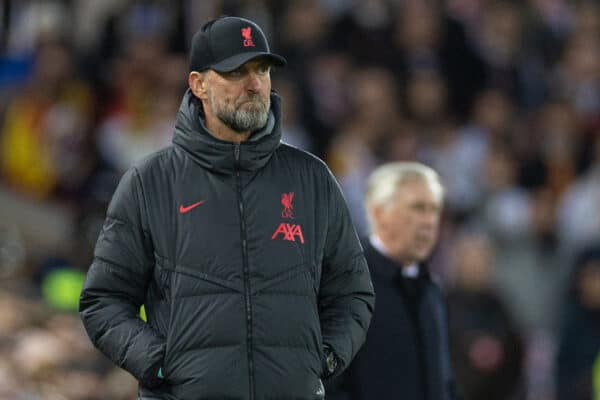 LIVERPOOL, ENGLAND - Tuesday, February 21, 2023: Liverpool's manager Jürgen Klopp during the UEFA Champions League Round of 16 1st Leg game between Liverpool FC and Real Madrid at Anfield. (Pic by David Rawcliffe/Propaganda)