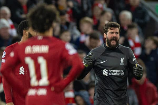 LIVERPOOL, ENGLAND - Tuesday, February 21, 2023: Liverpool's goalkeeper Alisson Becker during the UEFA Champions League Round of 16 1st Leg game between Liverpool FC and Real Madrid at Anfield. (Pic by David Rawcliffe/Propaganda)